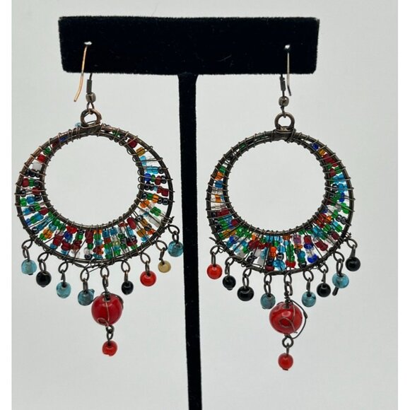 Colorful Beaded Hoop Earrings with Dangle Accents Silver Tone Seed Bead Rainbow - Picture 6 of 6